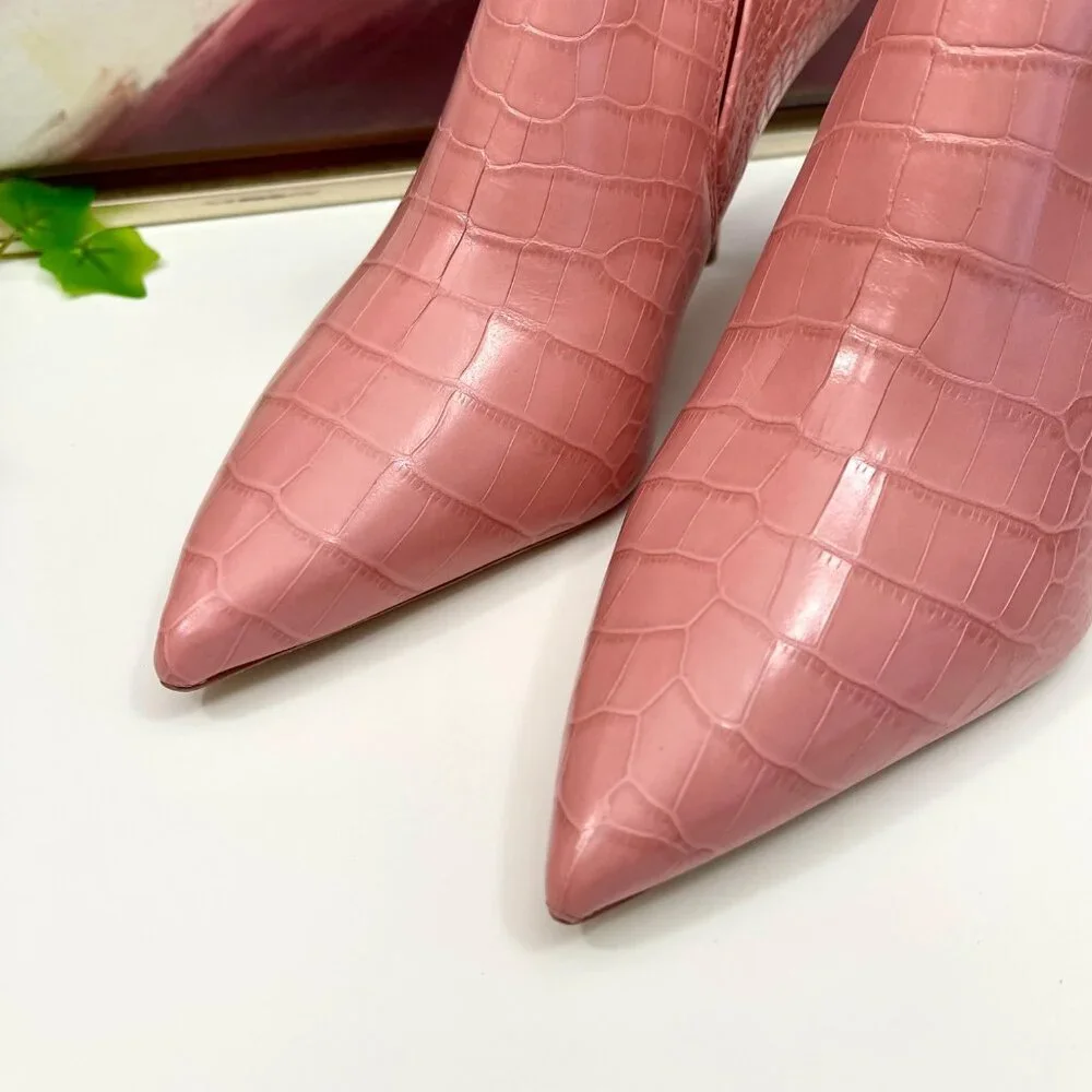 Tory Burch Pink Croc-Embossed Pointed Toe Ankle Booties
